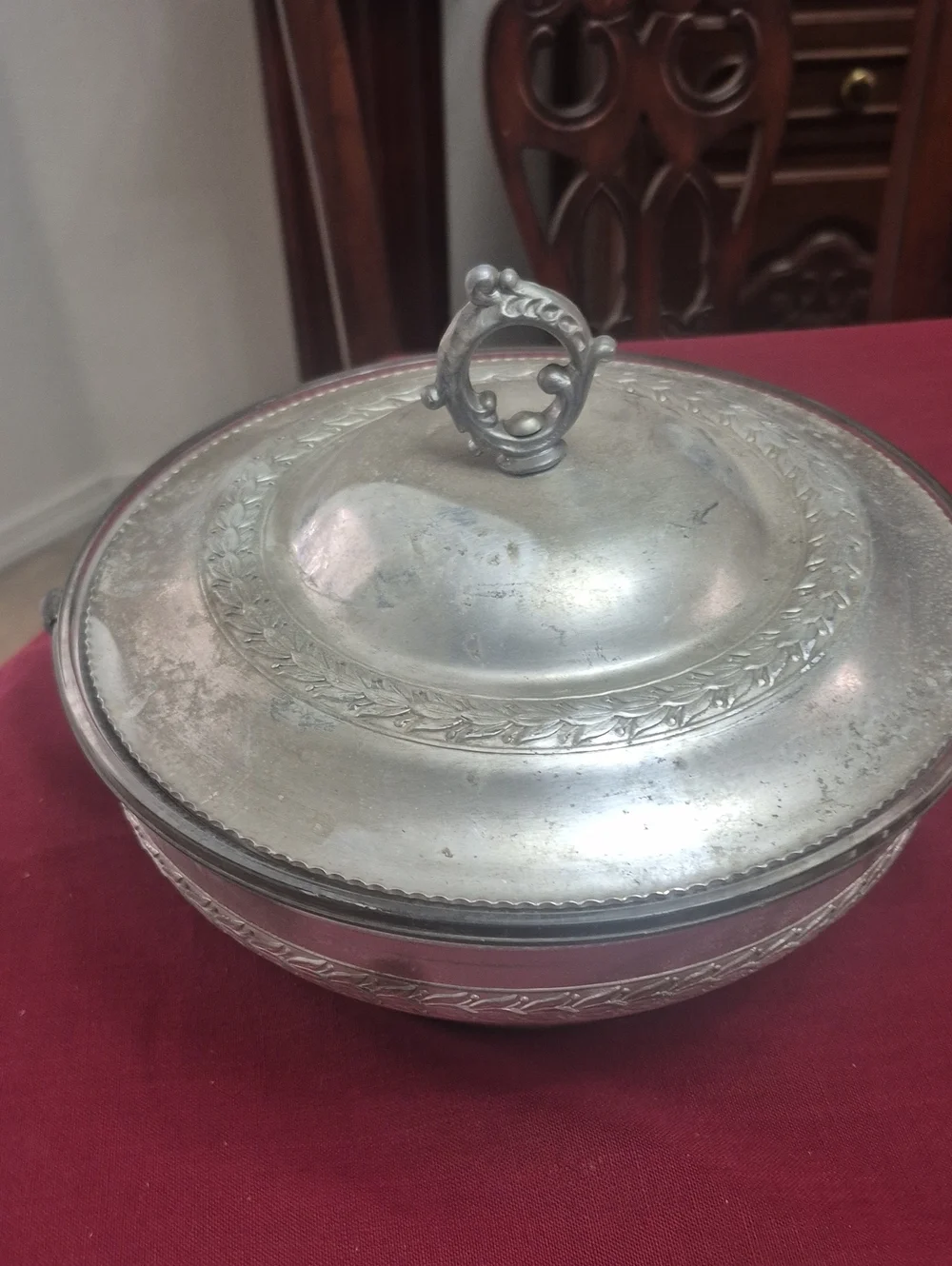 Vintage Ornate Silver-Tone Aluminum Metal Covered Serving Dish With Pyrex